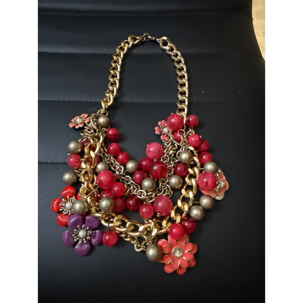 Gold Tone Multi Strand Statement Necklace Colorful Enamel Flowers Red Beads